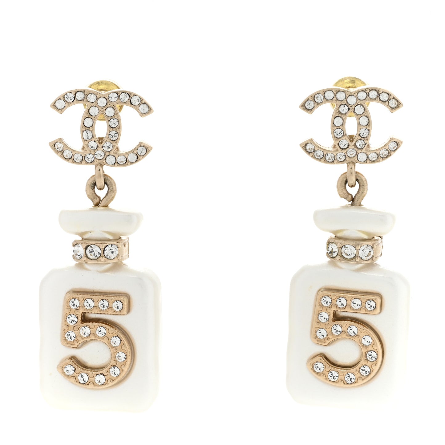 Pearl Resin Crystal CC No 5 Perfume Bottle Drop Earrings Gold Pearly White
