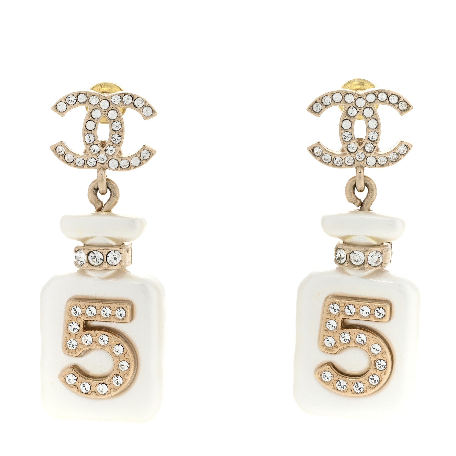 Chanel Pearl Resin Crystal CC No 5 Perfume Bottle Drop Earrings Gold Pearly White 1 of 5