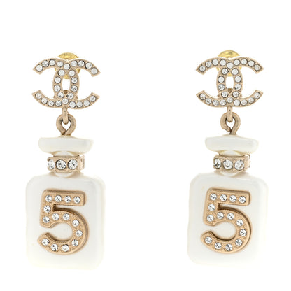 Chanel Pearl Resin Crystal CC No 5 Perfume Bottle Drop Earrings Gold Pearly White 1 of 5