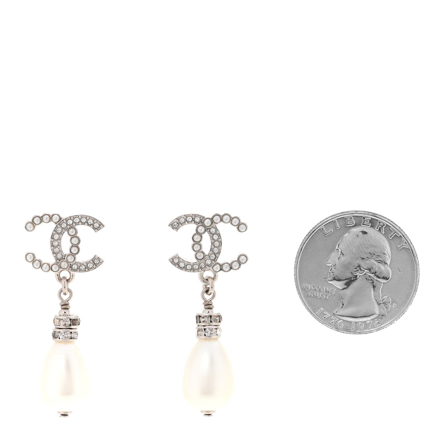 Crystal Pearl CC Drop Earrings Silver Pearly White