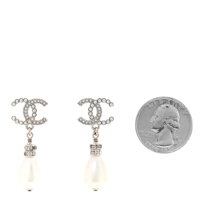 Chanel Crystal Pearl CC Drop Earrings Silver Pearly White 2 of 5