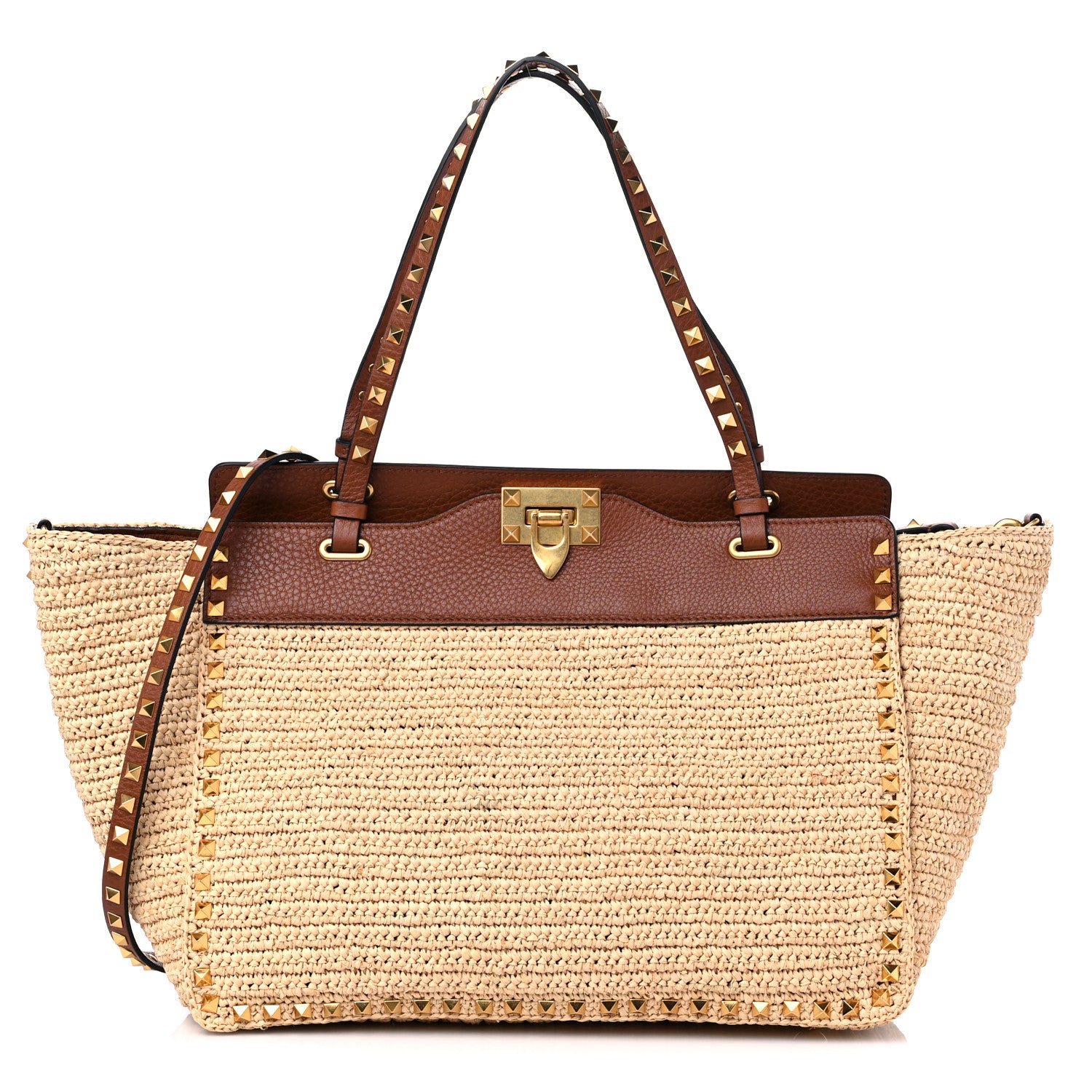 Valentino Garavani Raffia Calfskin Rockstud Tote Naturale Saddle Brown 1 of 8