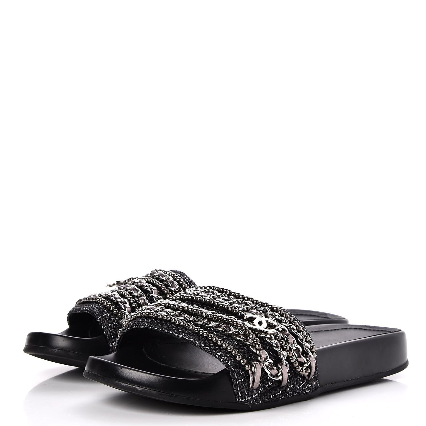 Tweed Lambskin Chain Flat Sandals 36 Black Silver