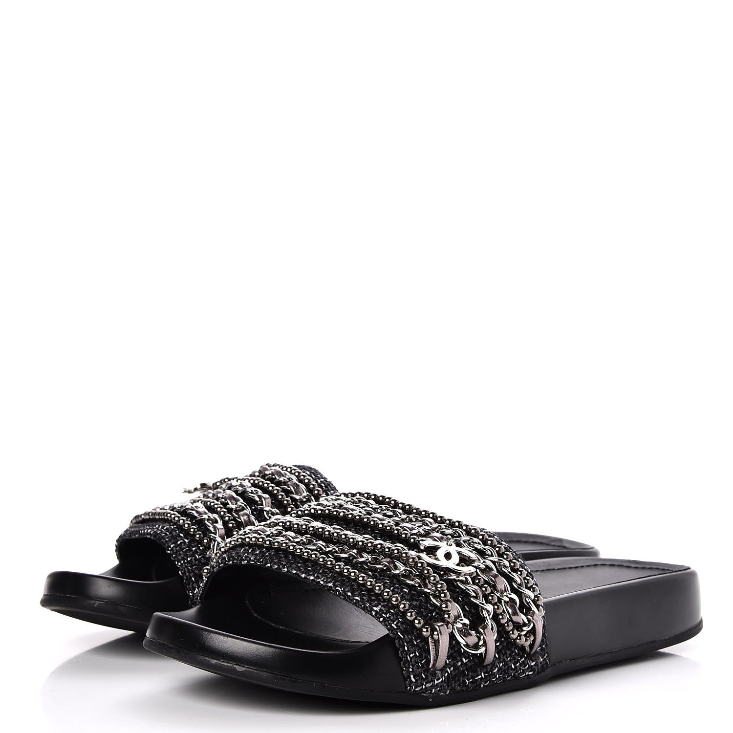 Chanel Tweed Lambskin Chain Flat Sandals 36 Black Silver 3 of 7