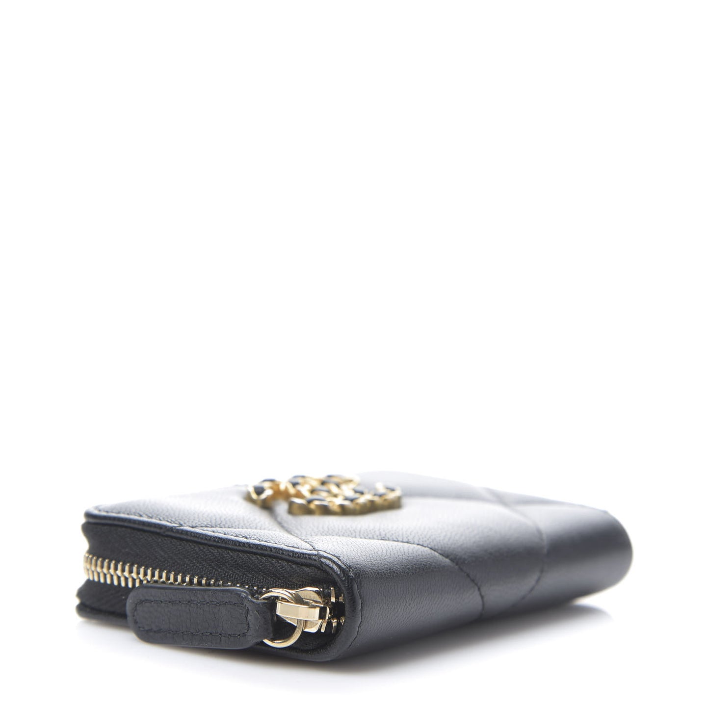 Shiny Goatskin Quilted Chanel 19 Zip Around Coin Purse Wallet Black