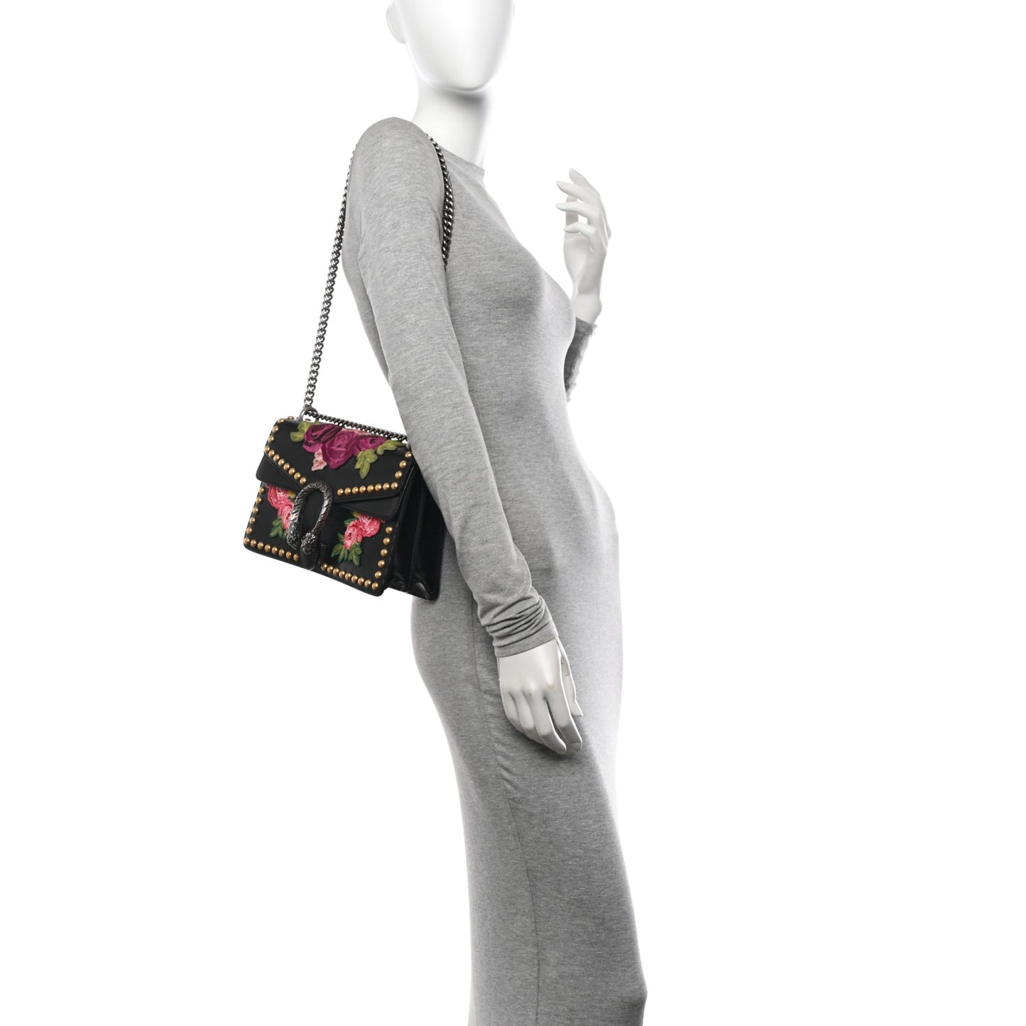 Calfskin Floral Embroidered Studded Small Dionysus Shoulder Bag Black