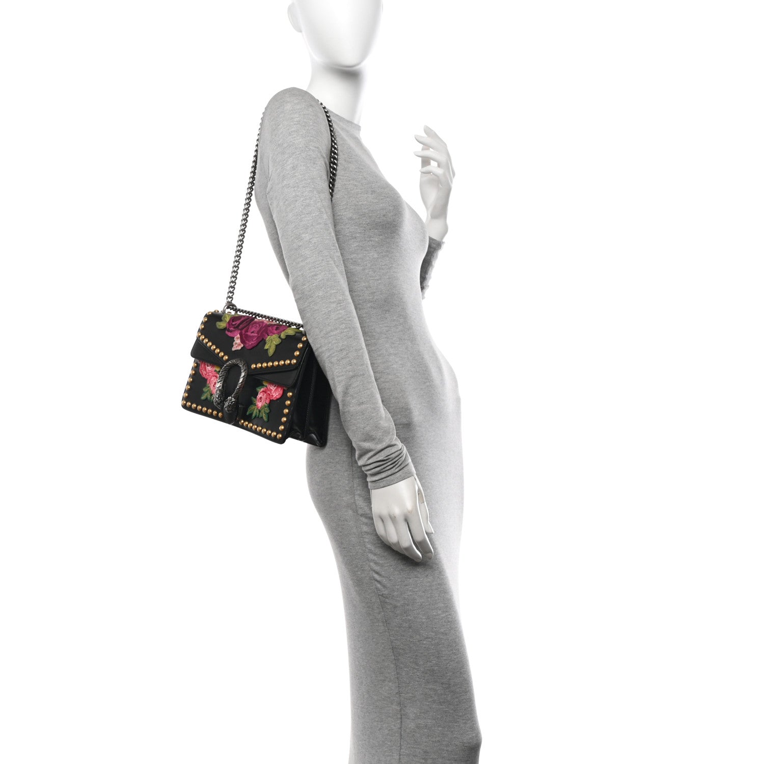 Gucci Calfskin Floral Embroidered Studded Small Dionysus Shoulder Bag Black 2 of 11