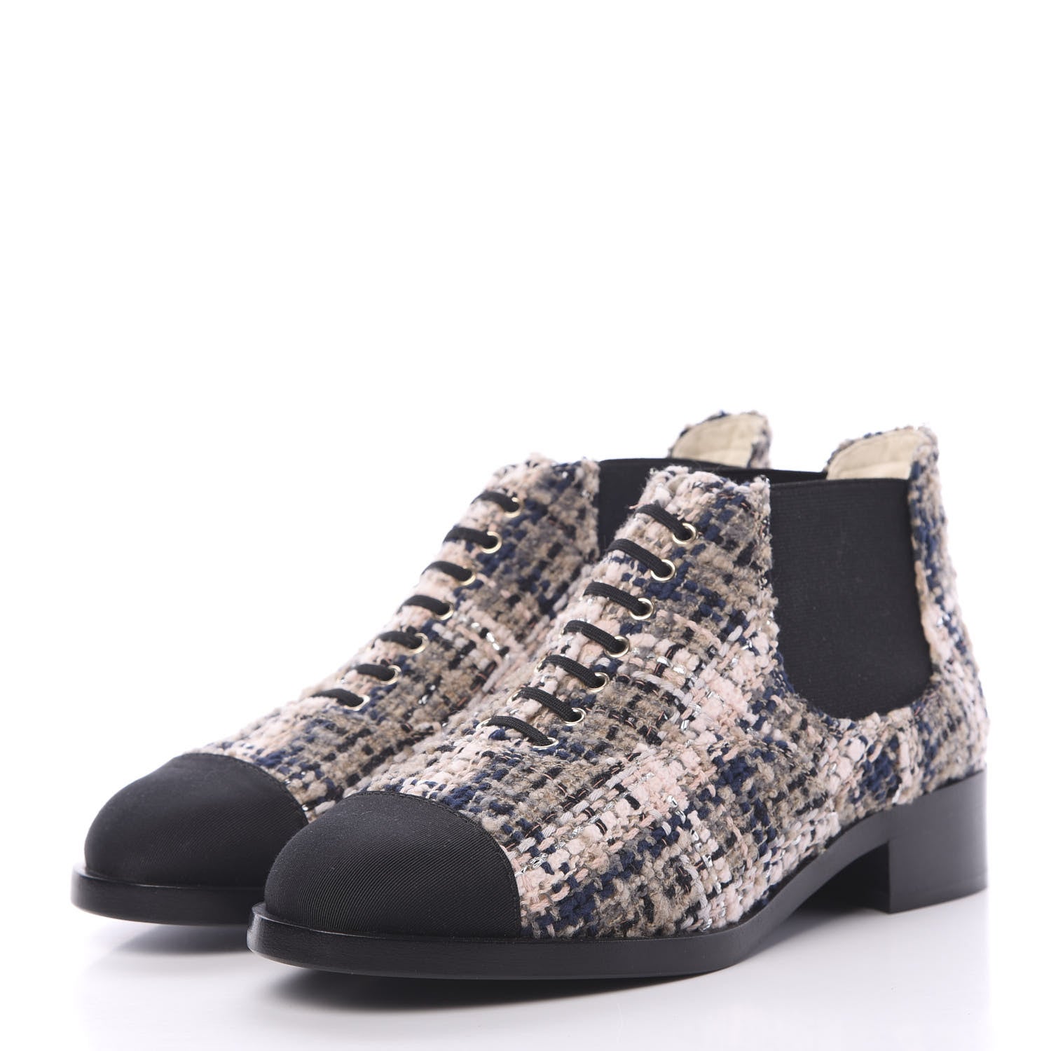 Chanel Tweed Grosgrain Cap Toe CC Short Boots 38.5 Beige Black Pink 3 of 9