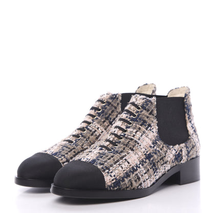 Chanel Tweed Grosgrain Cap Toe CC Short Boots 38.5 Beige Black Pink 3 of 9