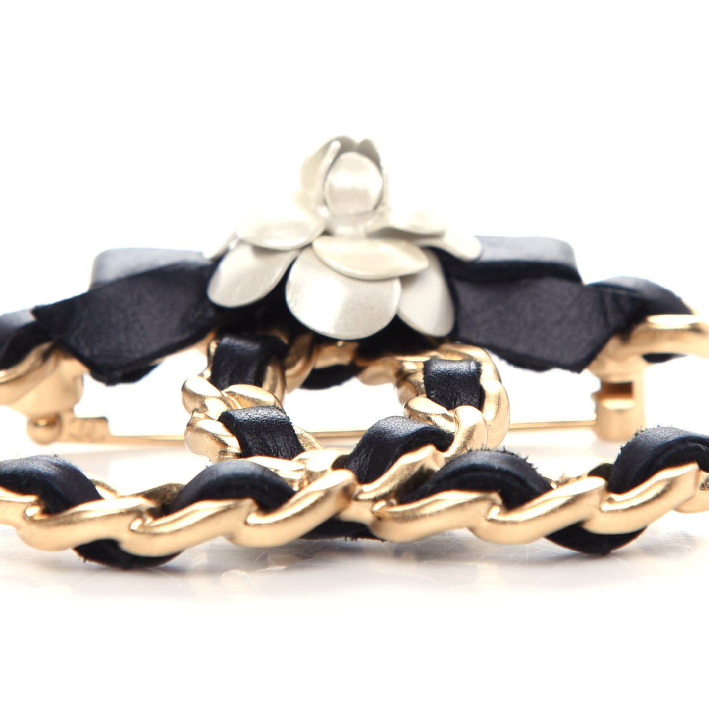 Metal Calfskin Chain 90's Camellia Brooch Black Gold