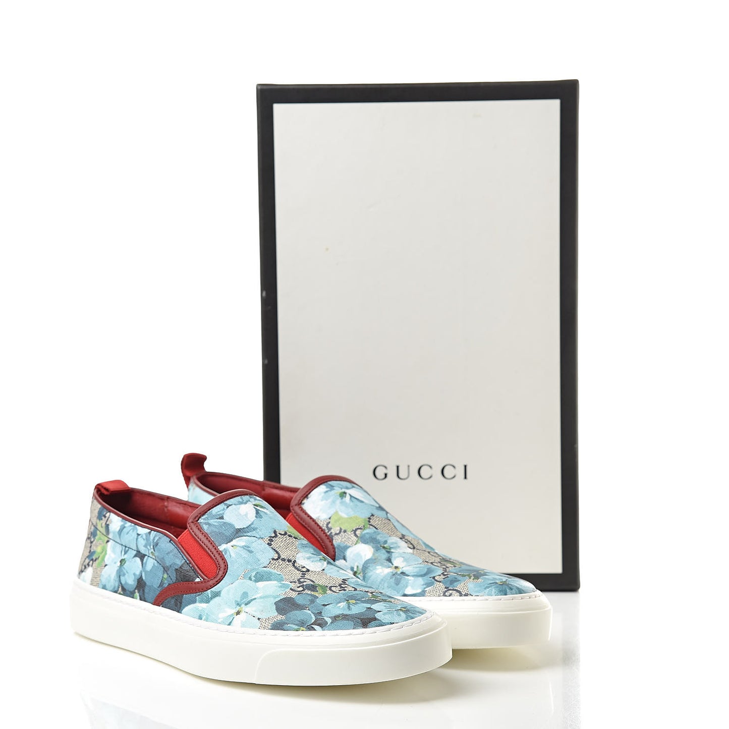 GG Supreme Monogram Blooms Womens Slip On Sneakers 39.5 Beige Blue Navy Red