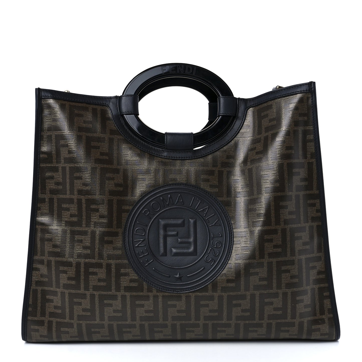 Glazed Fabric Vitello Century Plexiglass FF 1974 Stamp Patch Medium Runaway Shopper Tote Mogano Panna Black