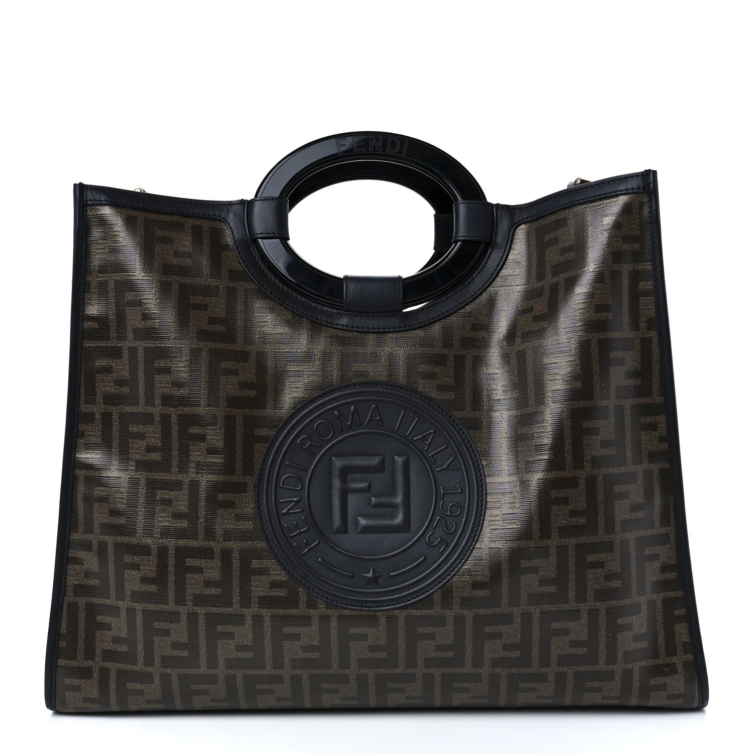 Fendi Glazed Fabric Vitello Century Plexiglass FF 1974 Stamp Patch Medium Runaway Shopper Tote Mogano Panna Black 1 of 14