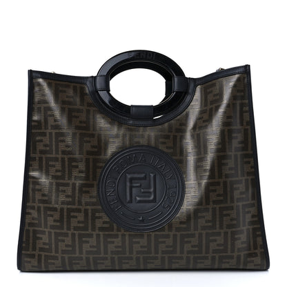 Fendi Glazed Fabric Vitello Century Plexiglass FF 1974 Stamp Patch Medium Runaway Shopper Tote Mogano Panna Black 1 of 14