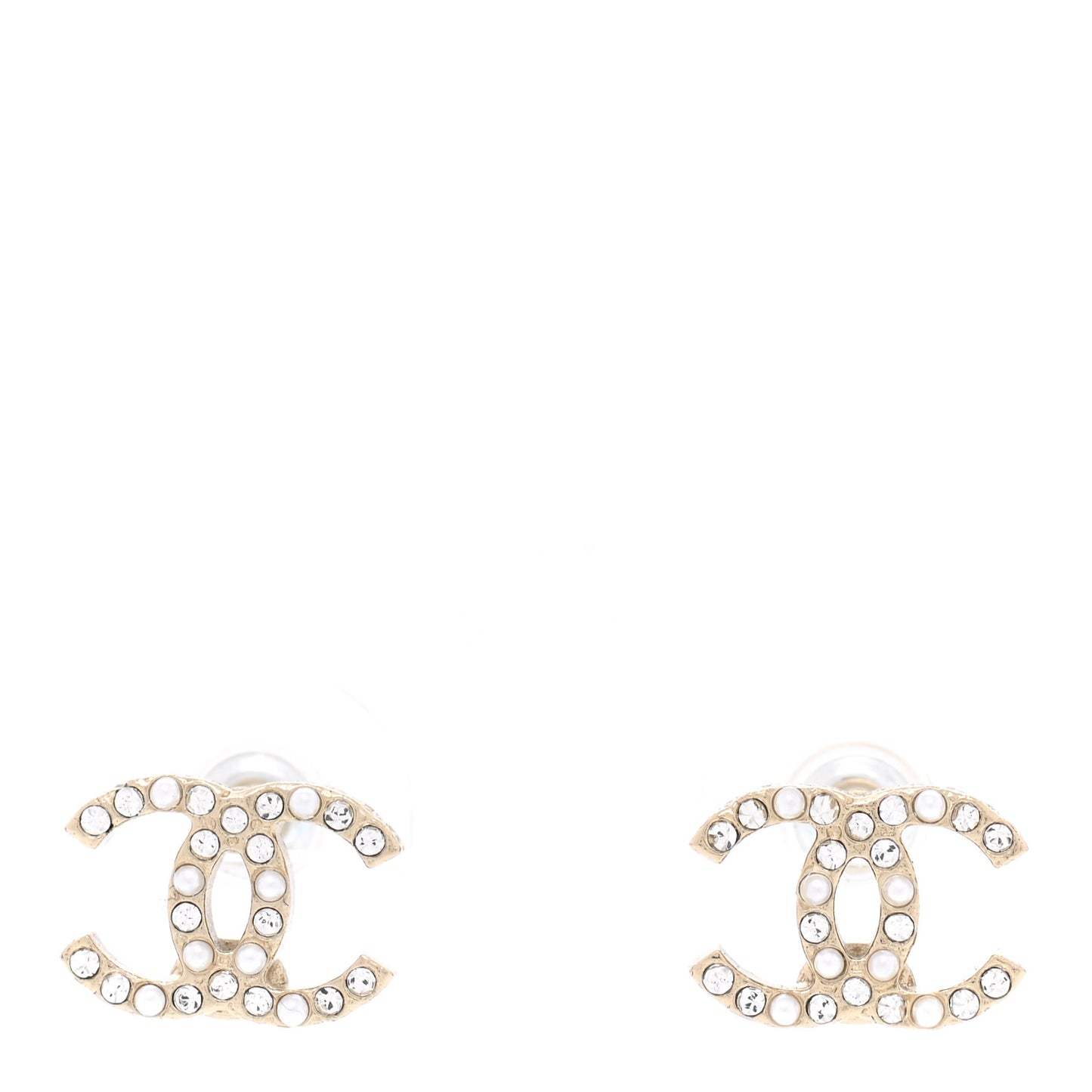 Pearl Crystal CC Charms Stud Earrings Light Gold