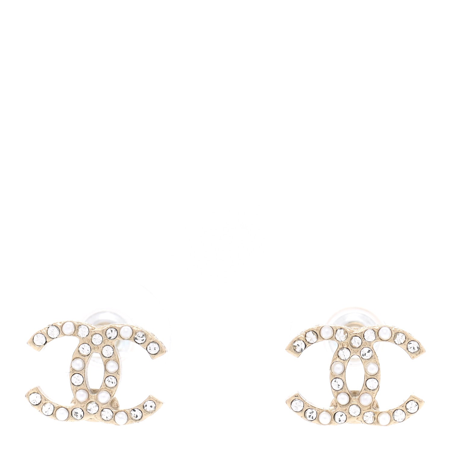 Chanel Pearl Crystal CC Charms Stud Earrings Light Gold 1 of 5