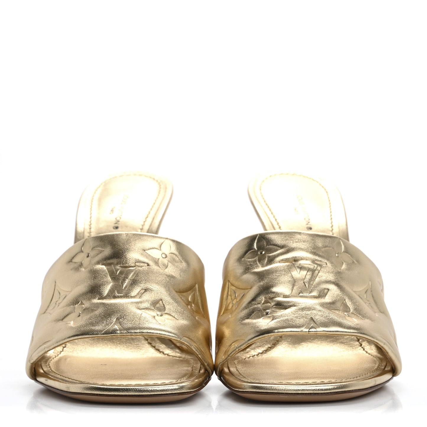 Metallic Lambskin Embossed Monogram Revival High Heel Mules 39.5  Gold