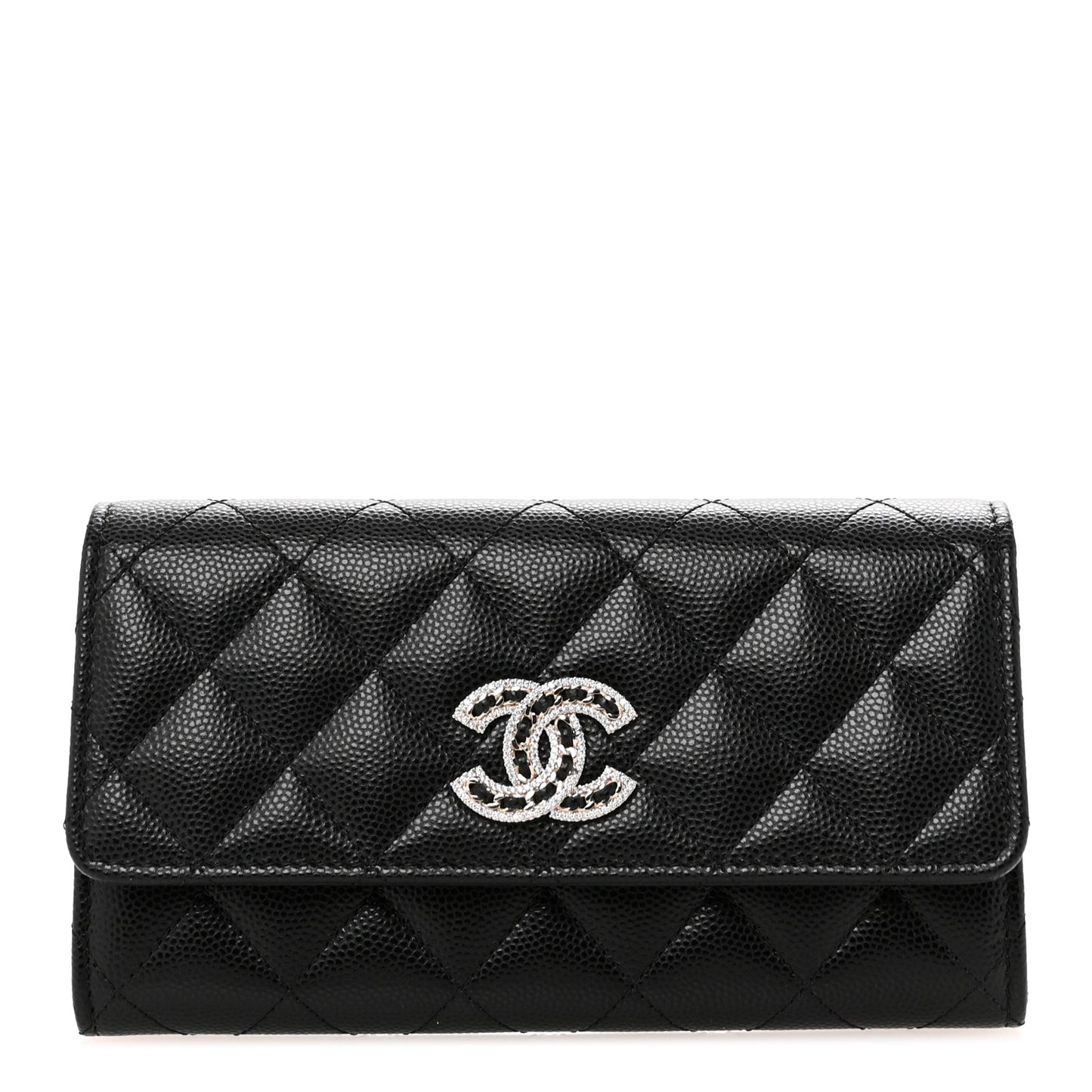 Caviar Quilted Crystal CC Large Gusset Flap Wallet Black