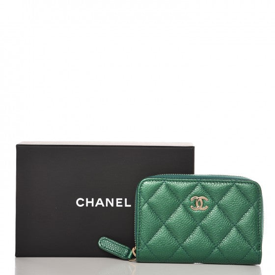 Metallic Caviar Quilted Zip Coin Purse Green