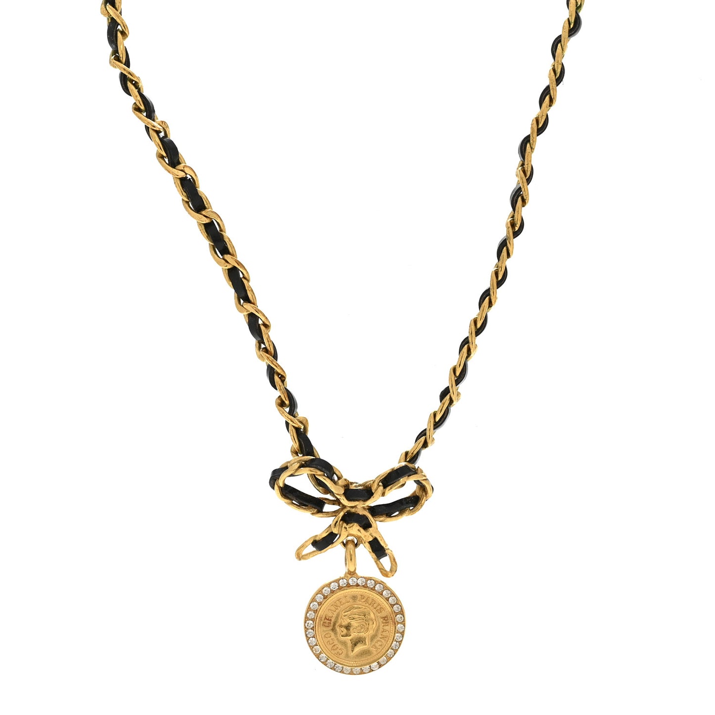 Metal Lambskin Chain Bow Medallion Necklace Black Gold