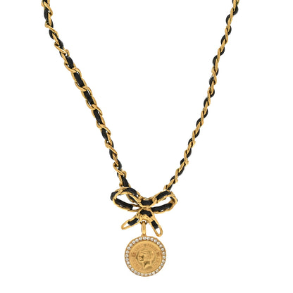 Chanel Metal Lambskin Chain Bow Medallion Necklace Black Gold 1 of 7