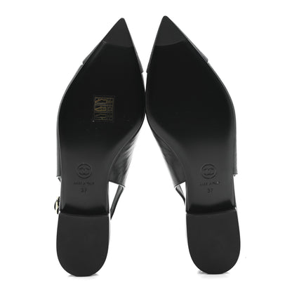 Chanel Goatskin Grosgrain Pointed Toe CC Slingback Flats 37 Black 6 of 11
