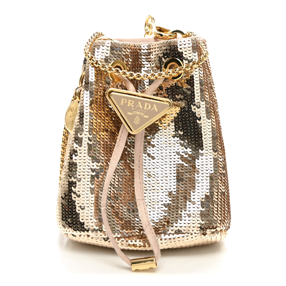Sequin Satin Triangle Logo Mini Pouch Cammeo