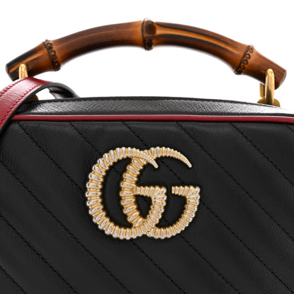 Gucci Vintage Effect Calfskin Matelasse Diagonal Small Torchon GG Marmont Bamboo Top Handle Shoulder Bag Black Romantic Cherry 8 of 10