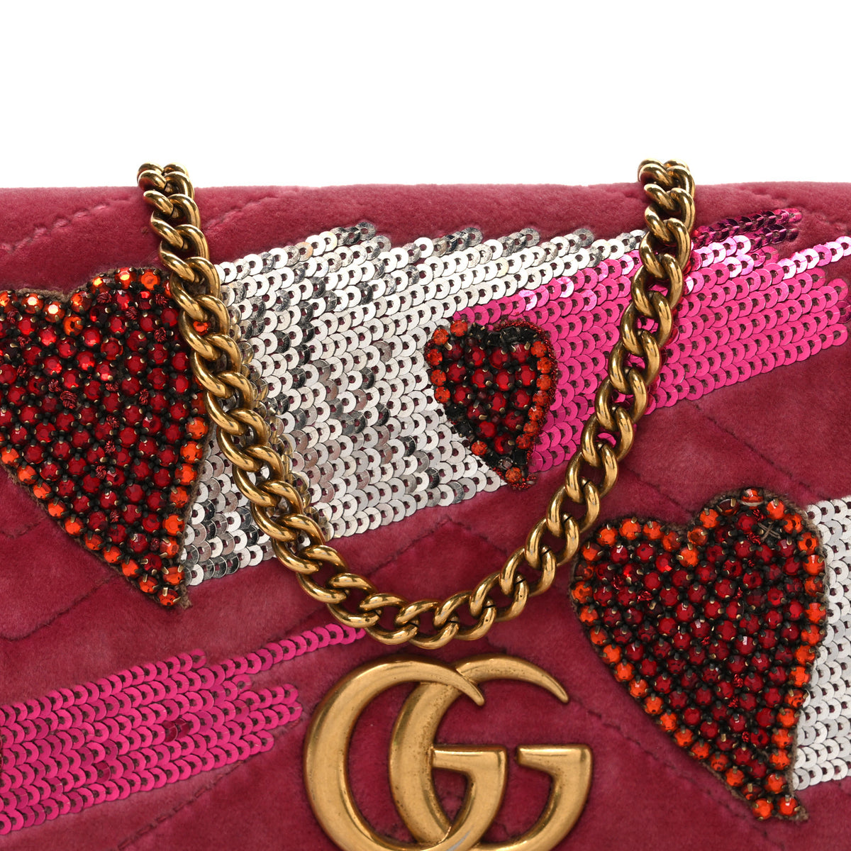 Gucci Velvet Matelasse Crystal Sequin Heart Embroidered GG Marmont Mini Bag Light Raspberry Rose 8 of 11