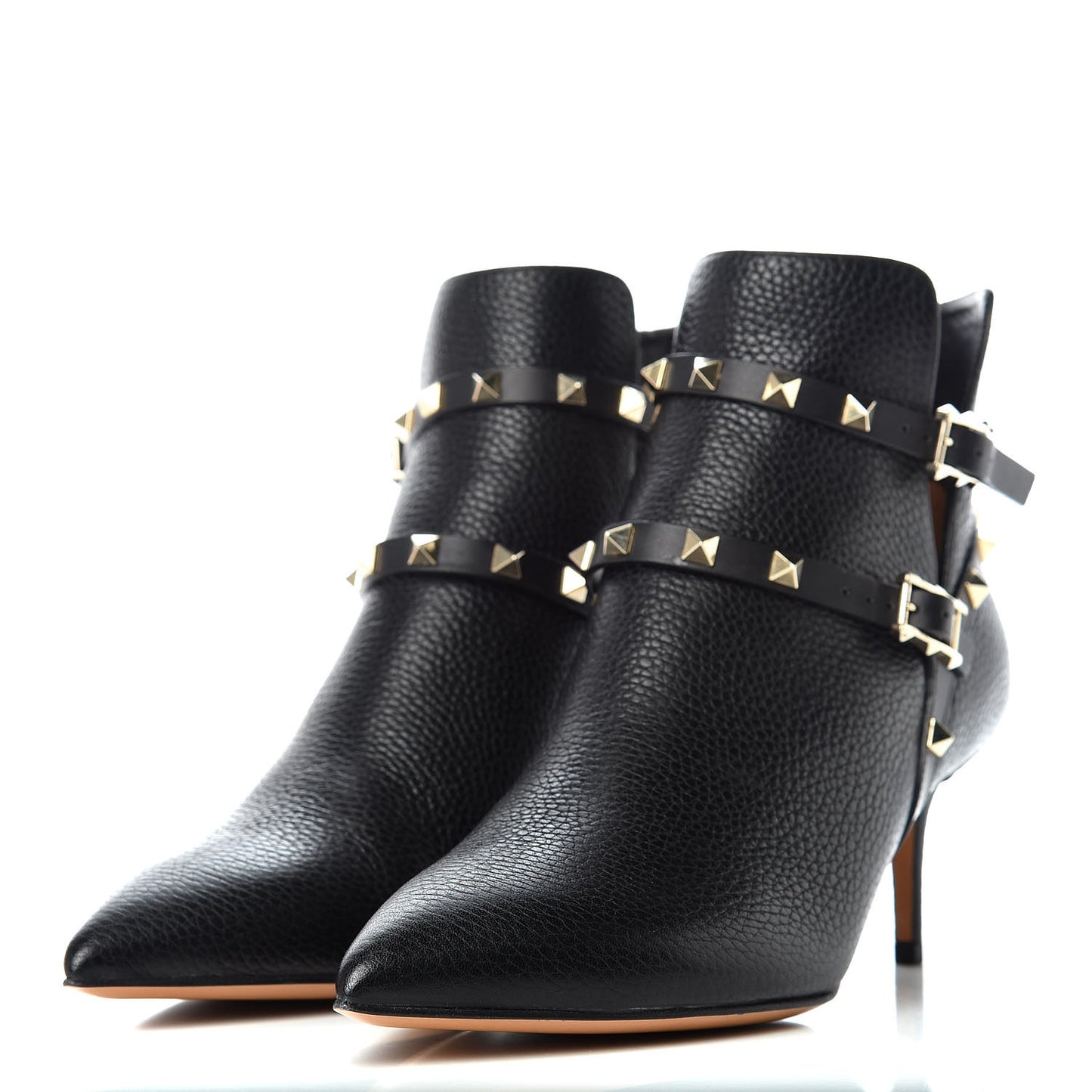 Grained Calfskin Rockstud Double Buckle 65mm Ankle Boots 39.5 Black