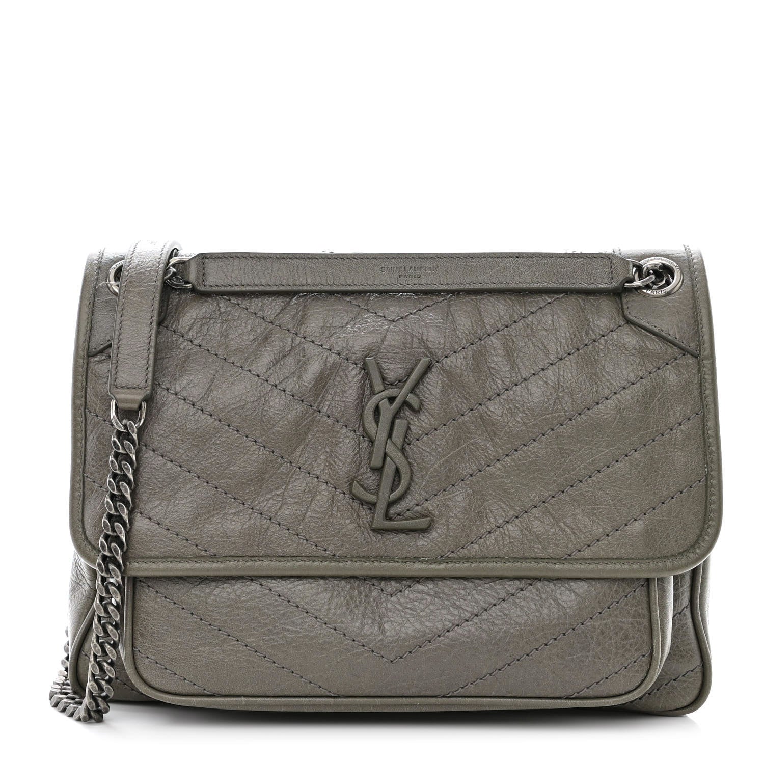 Saint Laurent Crinkled Calfskin Matelasse Monogram Medium Niki Chain Satchel Fog 1 of 11