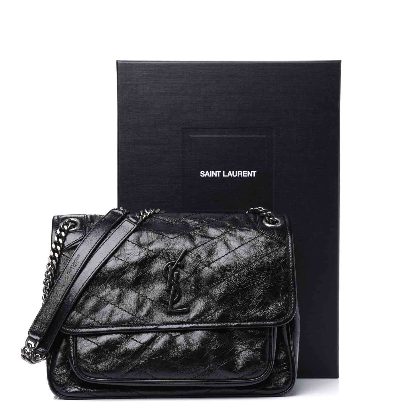 Crinkled Calfskin Matelasse Monogram Medium Niki Chain Satchel Black