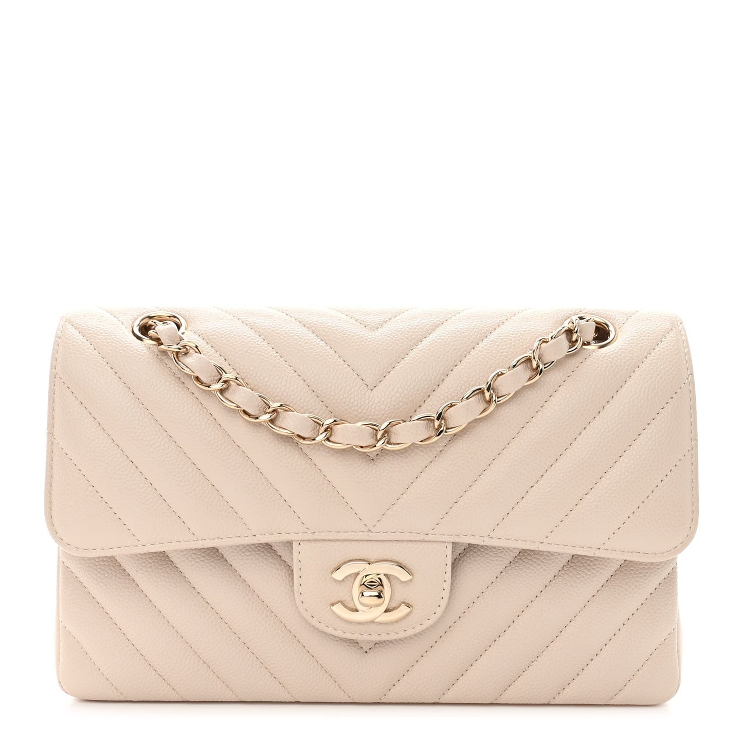 Caviar Chevron Quilted Small Double Flap Beige