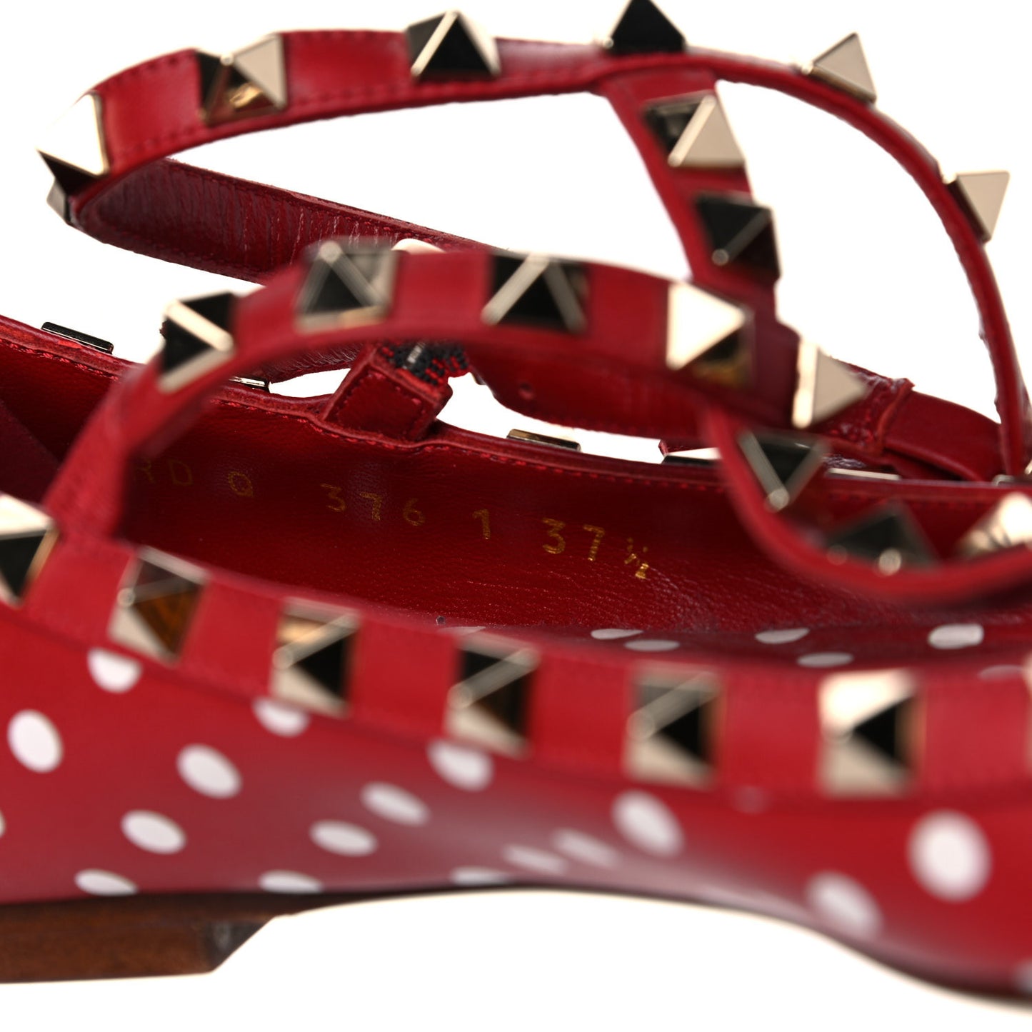 Calfskin Polka Dot Print Rockstud Cage Ballerina Flats 37.5 Red White