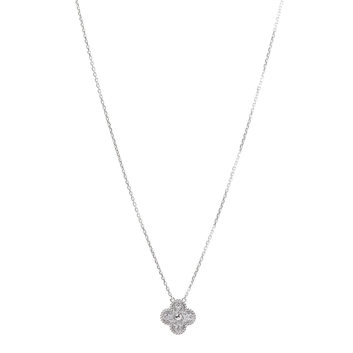 18K White Gold Diamond Vintage Alhambra Pendant Necklace