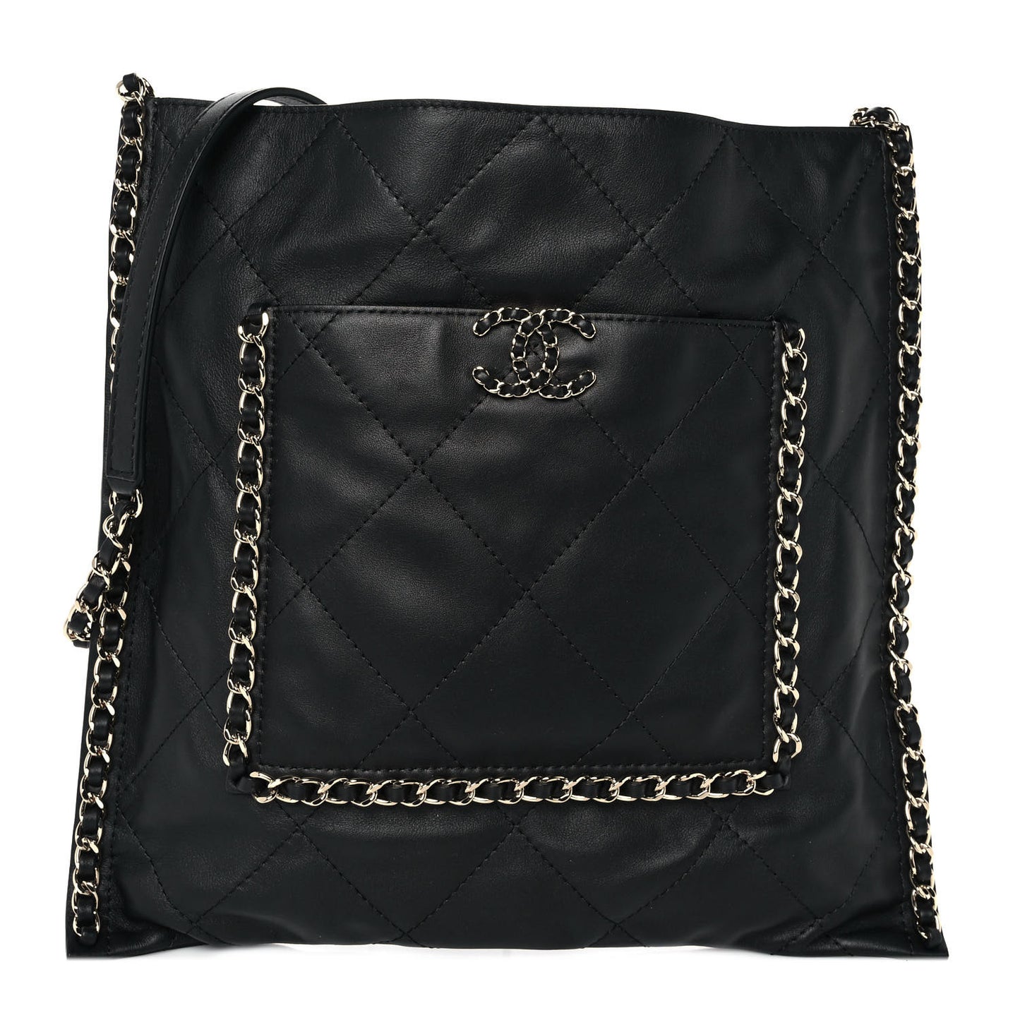 Calfskin Quilted Chain Flat Tote Black