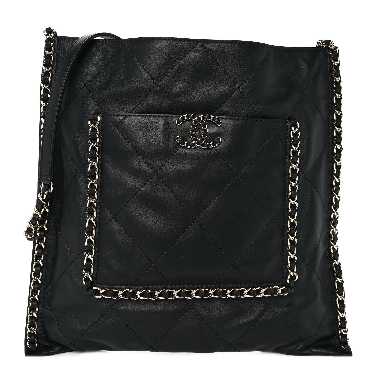 Chanel Calfskin Quilted Chain Flat Tote Black 1 of 10