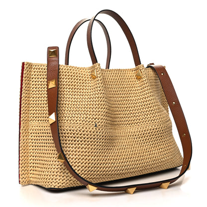 Valentino Garavani Raffia Grained Calfskin Medium Rockstud Vlogo Tote Naturale 4 of 14