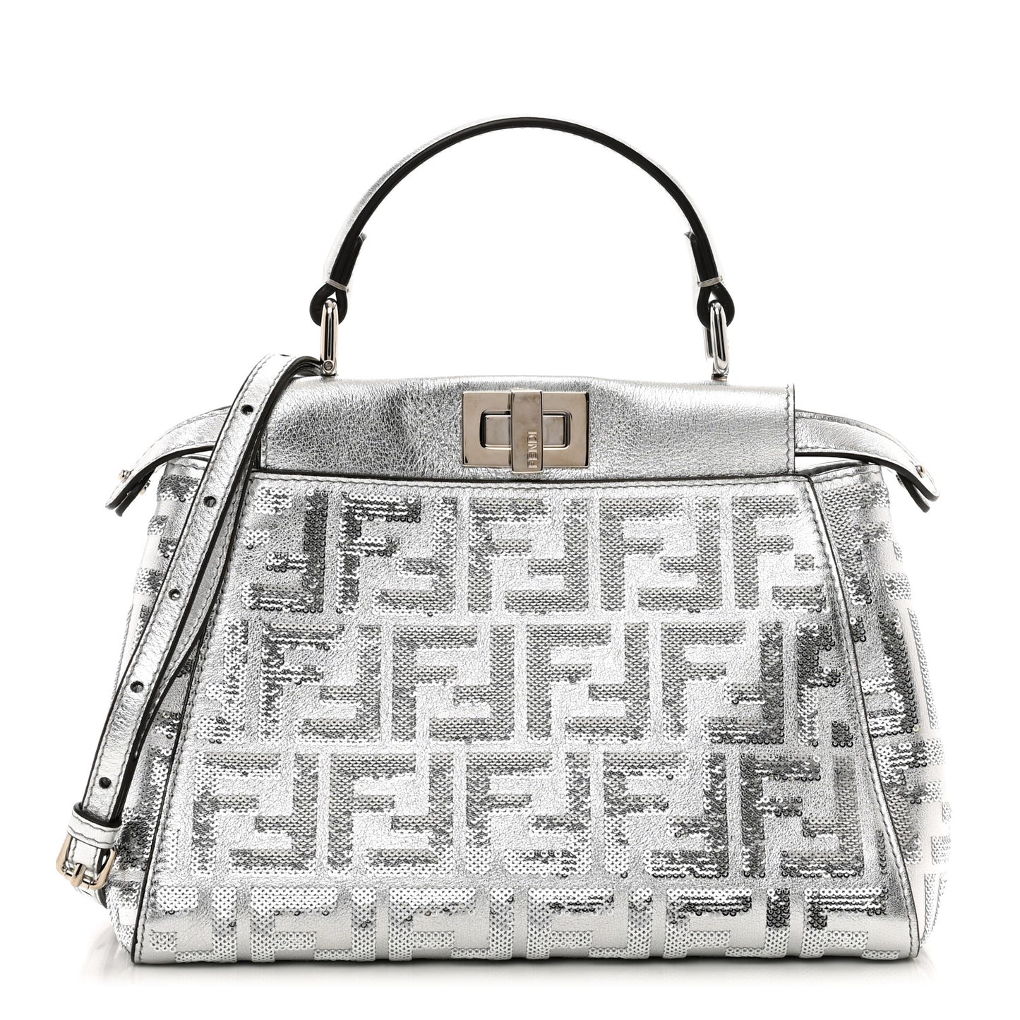 Vitello Catalan Mirror Sequin FF 1974 Embroidered Mini Peekaboo Iconic Satchel Argento