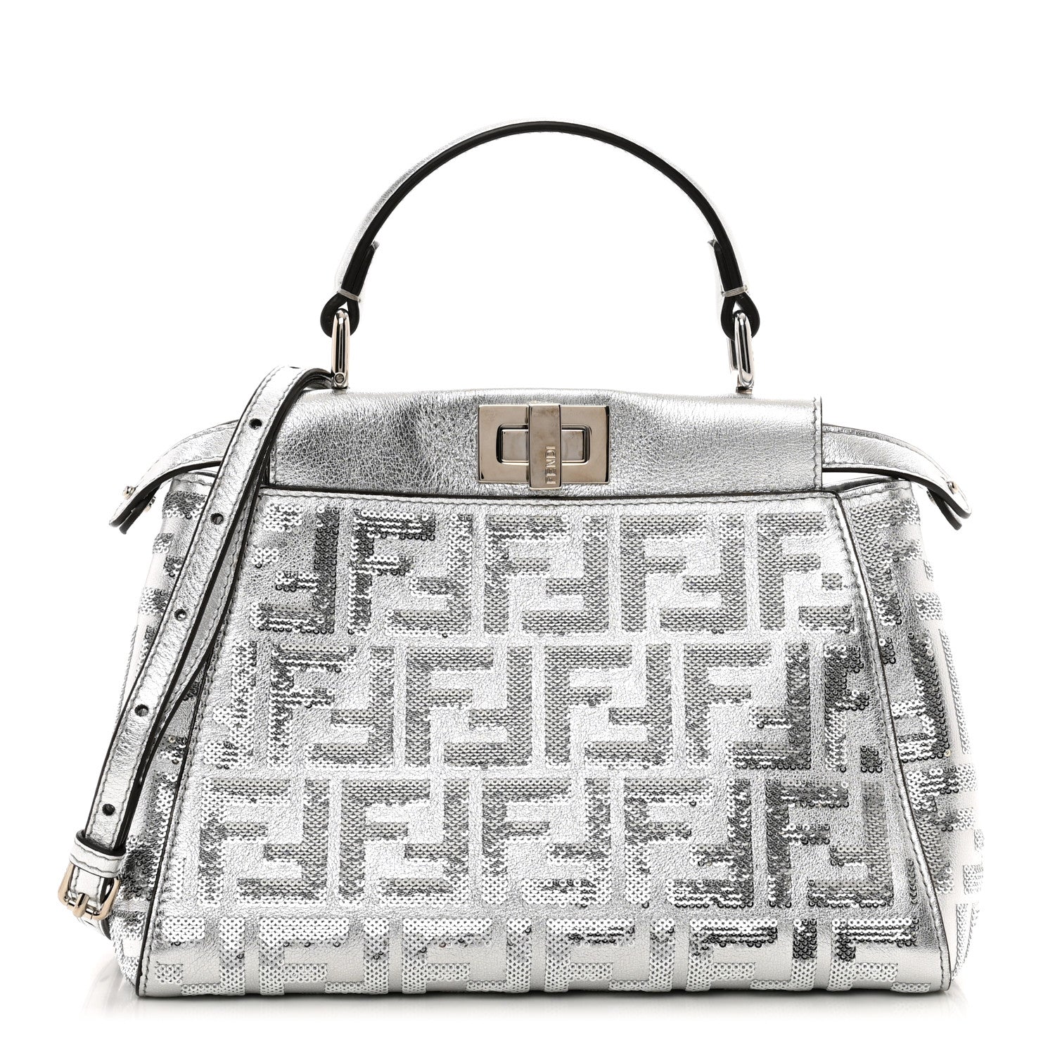 Fendi Vitello Catalan Mirror Sequin FF 1974 Embroidered Mini Peekaboo Iconic Satchel Argento 1 of 9