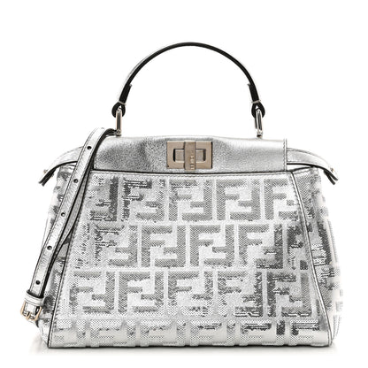 Fendi Vitello Catalan Mirror Sequin FF 1974 Embroidered Mini Peekaboo Iconic Satchel Argento 1 of 9