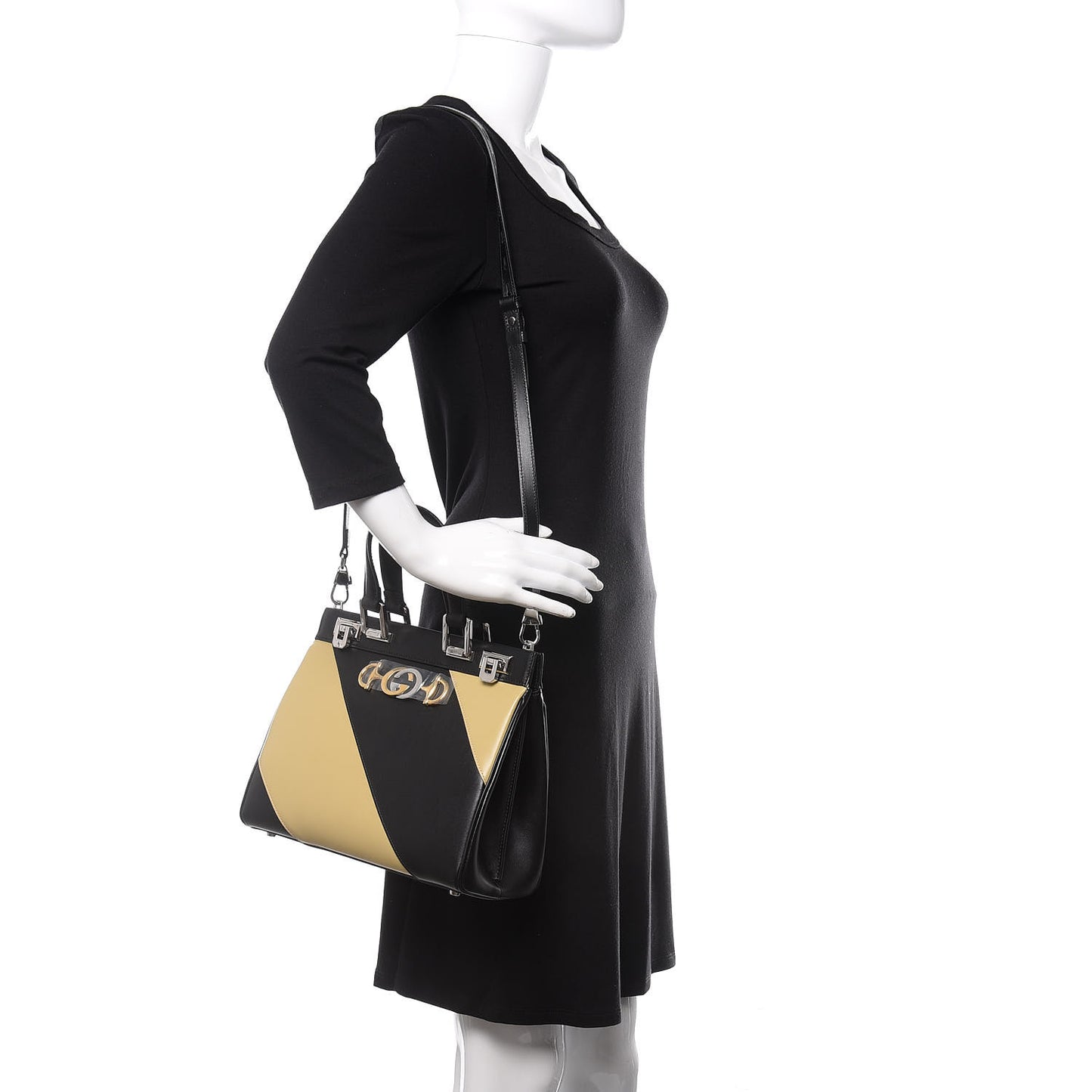 Smooth Calfskin Diagonal Striped Small Zumi Top Handle Bag Black Beige