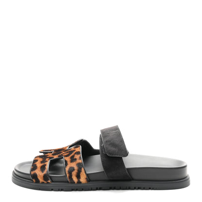 Hermes Moire Calfskin Suede Goatskin Womens Leopard Chypre Sandals 40 Gold Black 1 of 9