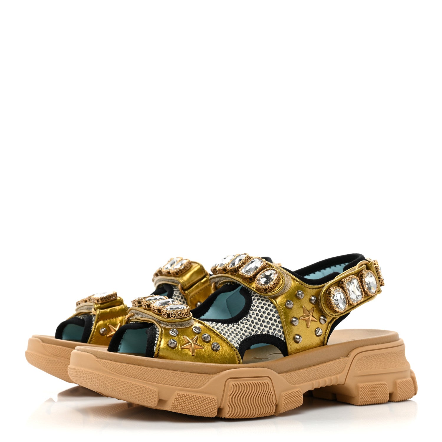 Gucci Silk Calfskin Mesh Crystal Embellished Studded Womens Aguru Sandals 37.5 Gold 3 of 9