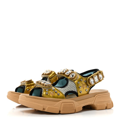 Gucci Silk Calfskin Mesh Crystal Embellished Studded Womens Aguru Sandals 37.5 Gold 3 of 9