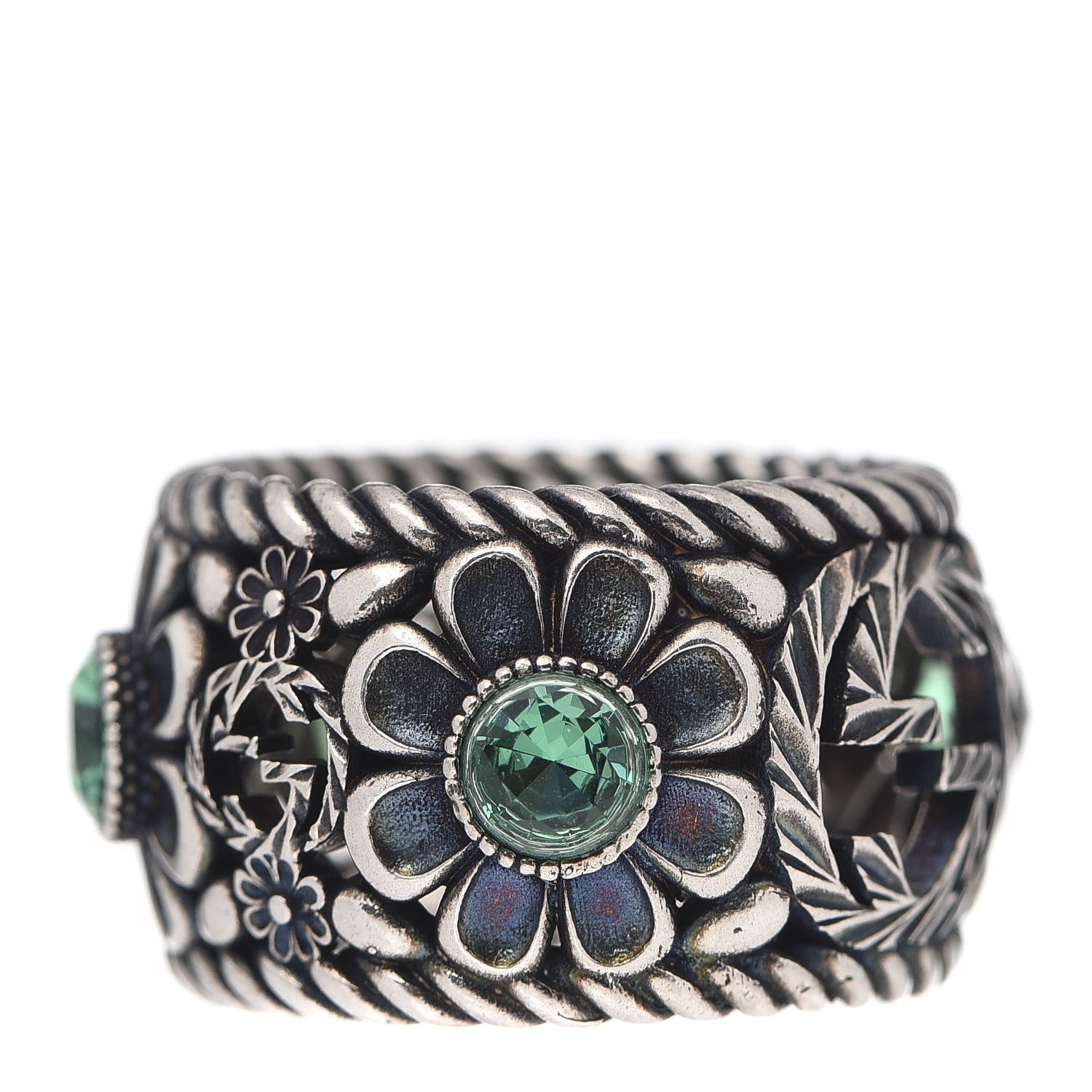 Gucci Sterling Silver Crystal Garden Band Ring Green 58 8.5 3 of 5
