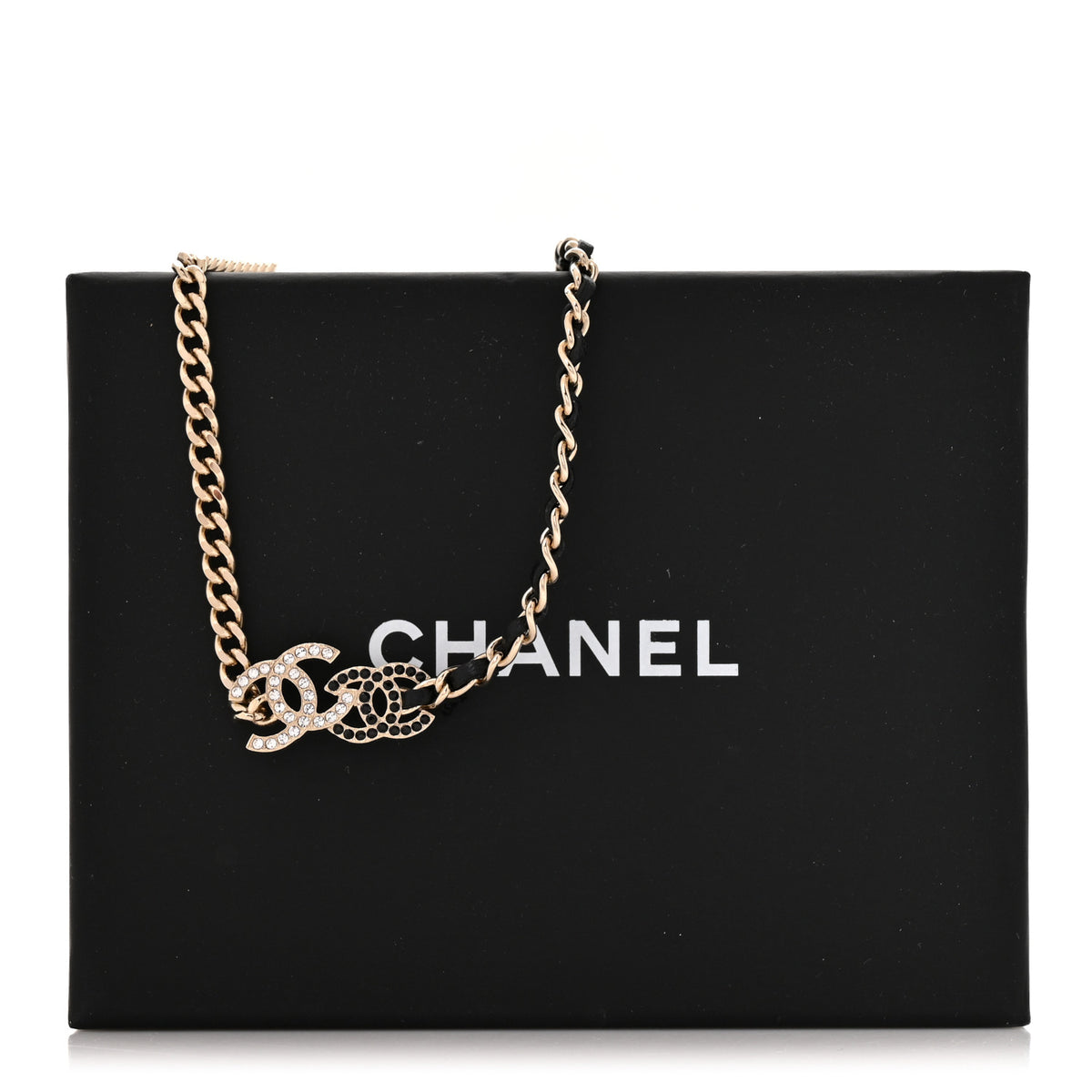 Chanel Metal Calfskin Crystal Double CC Short Necklace Black Gold 6 of 6