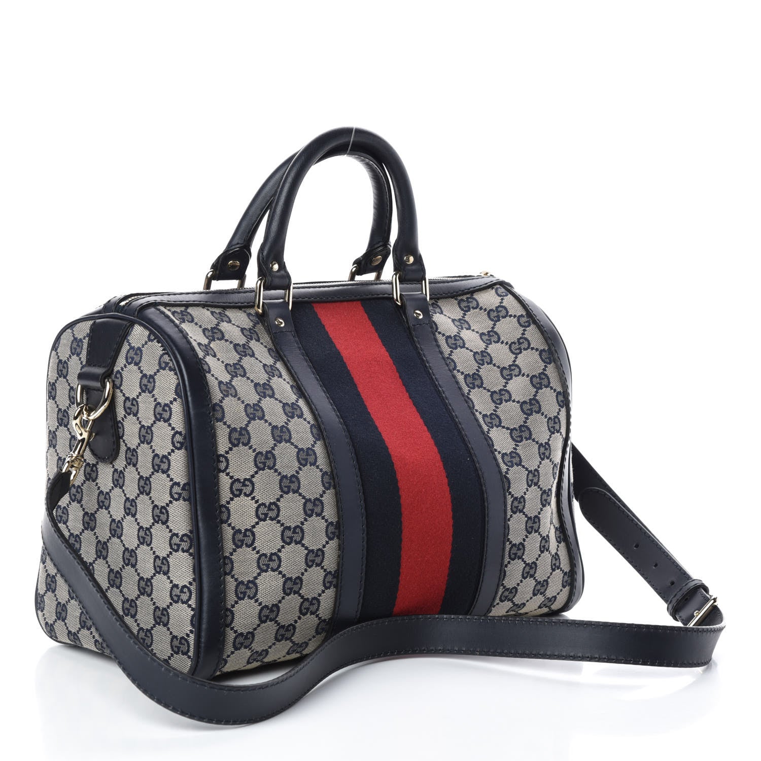 Gucci Monogram Selleria Calfskin Vintage Web Medium Boston Beige Blue 3 of 9