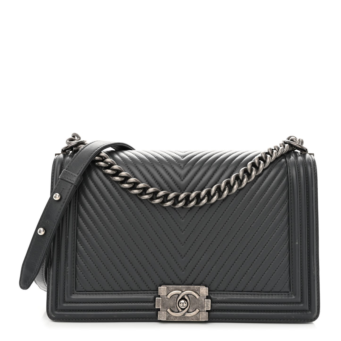 Calfskin Chevron Quilted New Medium Boy Flap Dark Grey