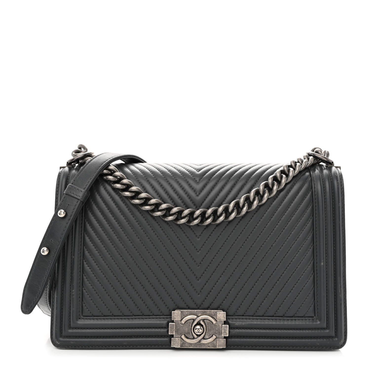 Chanel Calfskin Chevron Quilted New Medium Boy Flap Dark Grey 1 of 15
